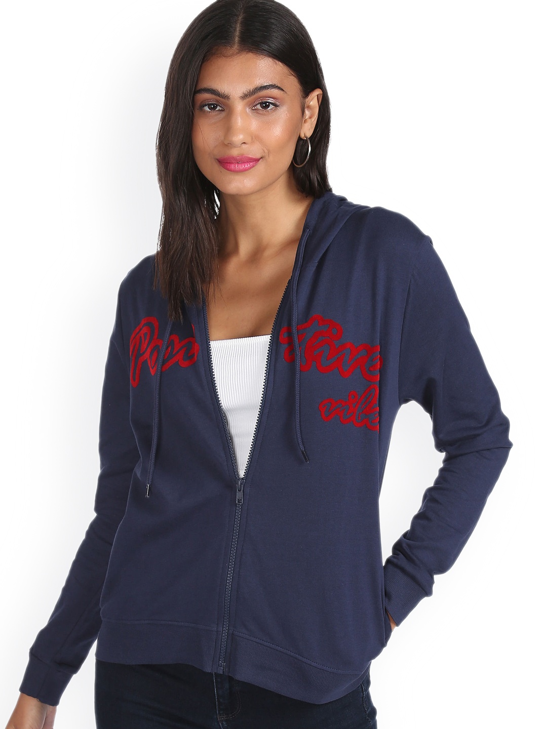 

Sugr Women Blue Drawstring Hooded Long Sleeves Appliqued Sweatshirt