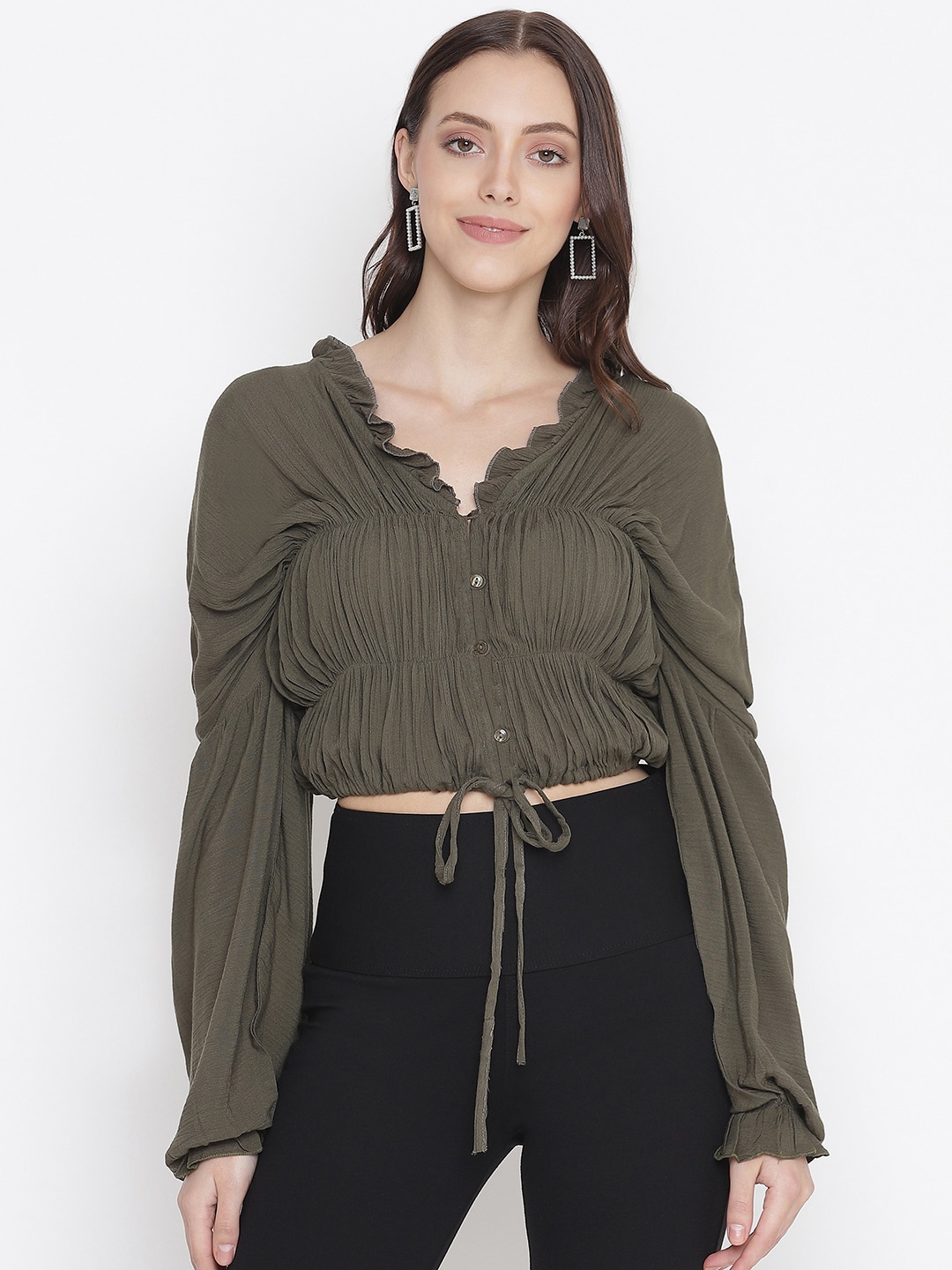 

Oxolloxo Olive Green Crepe Ruched Puff Sleeved Crop Top With Waist Tie- Up