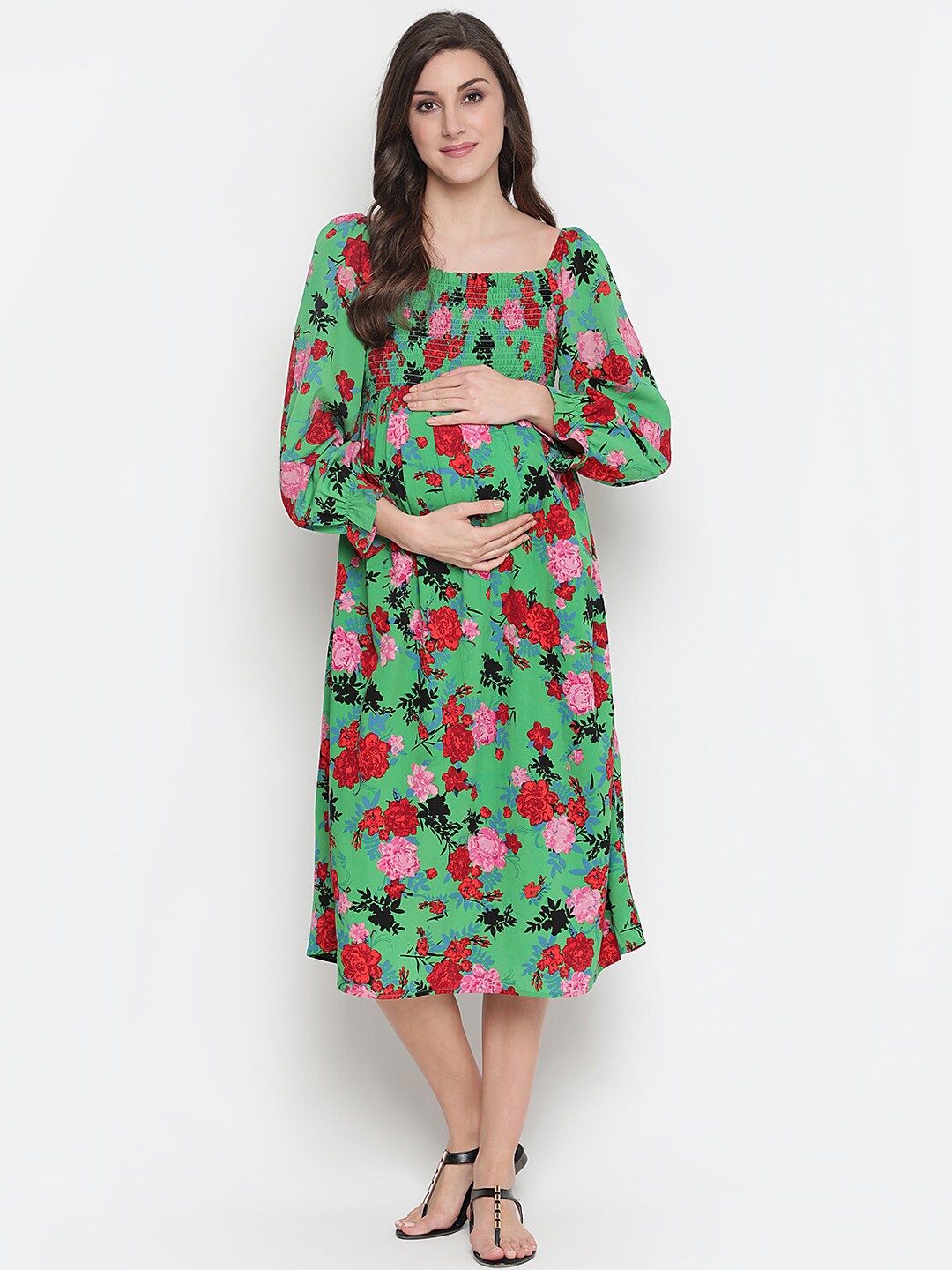 

Oxolloxo Green Floral Satin Maternity A-Line Midi Dress