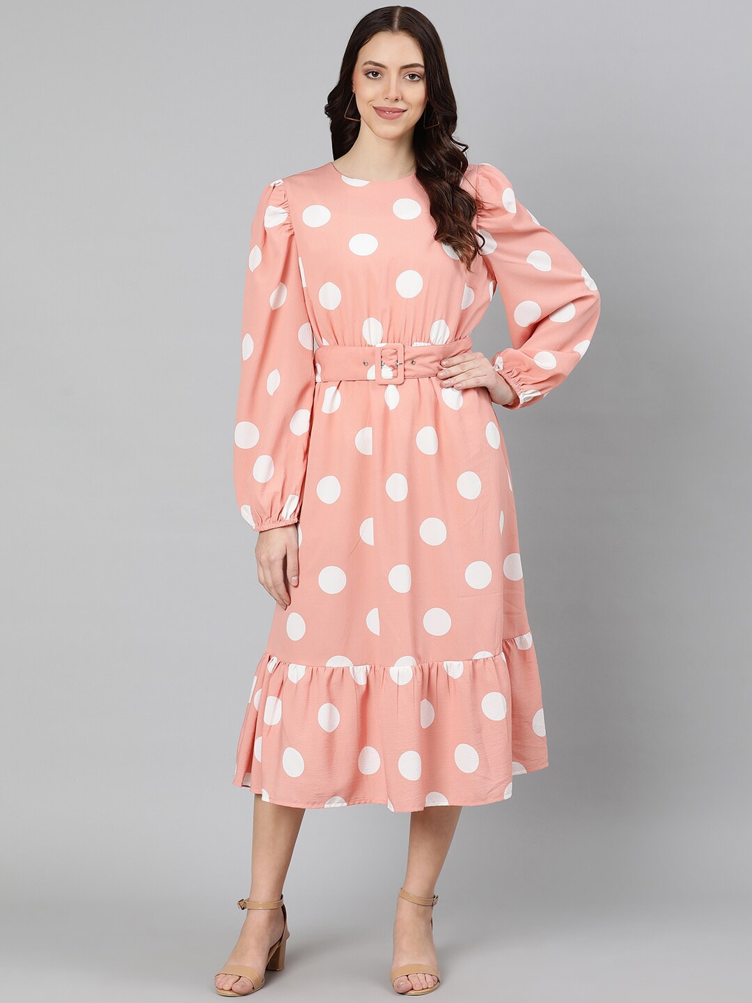 

Oxolloxo Peach-Coloured & White Satin A-Line Midi Dress