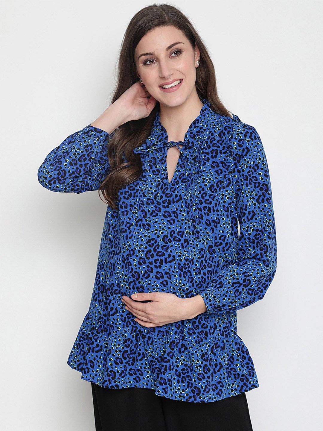 

Oxolloxo Blue Floral Print Tie-Up Neck Maternity Top