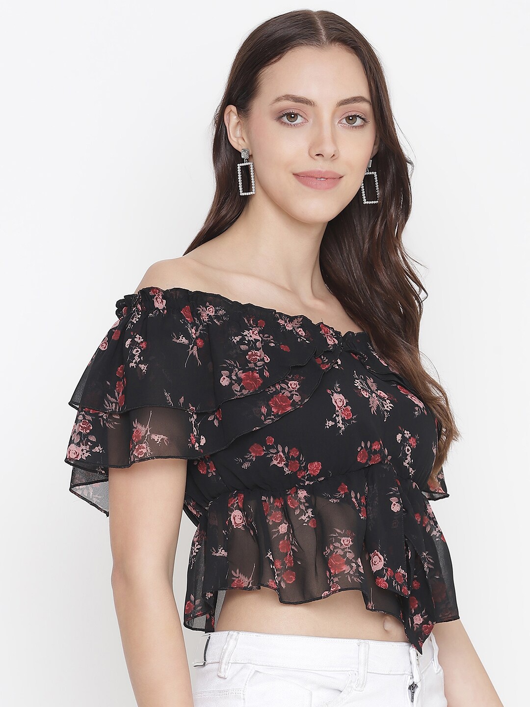 

Oxolloxo Women Black Floral Print Off-Shoulder Ruffles Bardot Crop Top