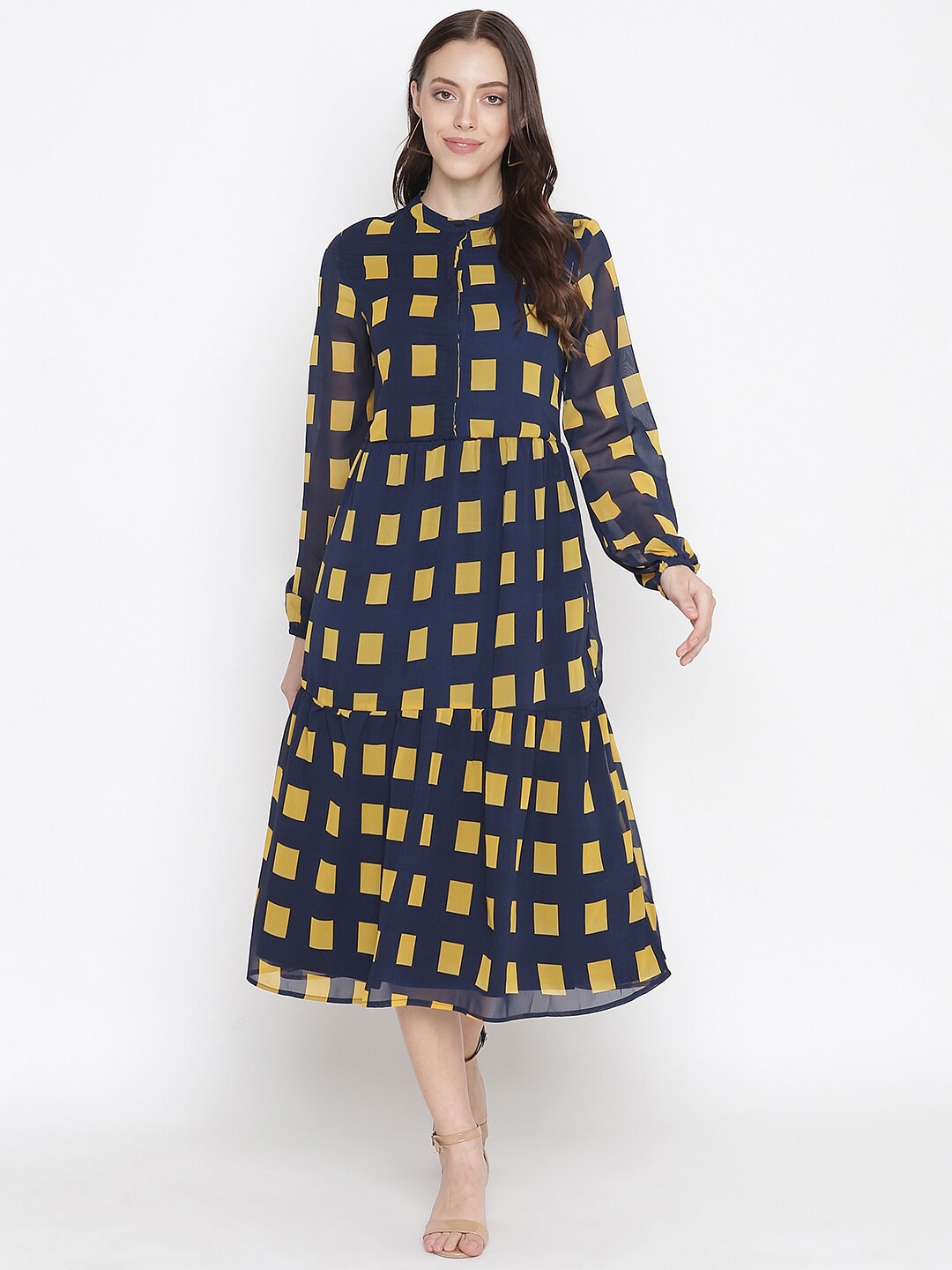 

Oxolloxo Women Navy Blue & Yellow Printed Satin A-Line Midi Dress