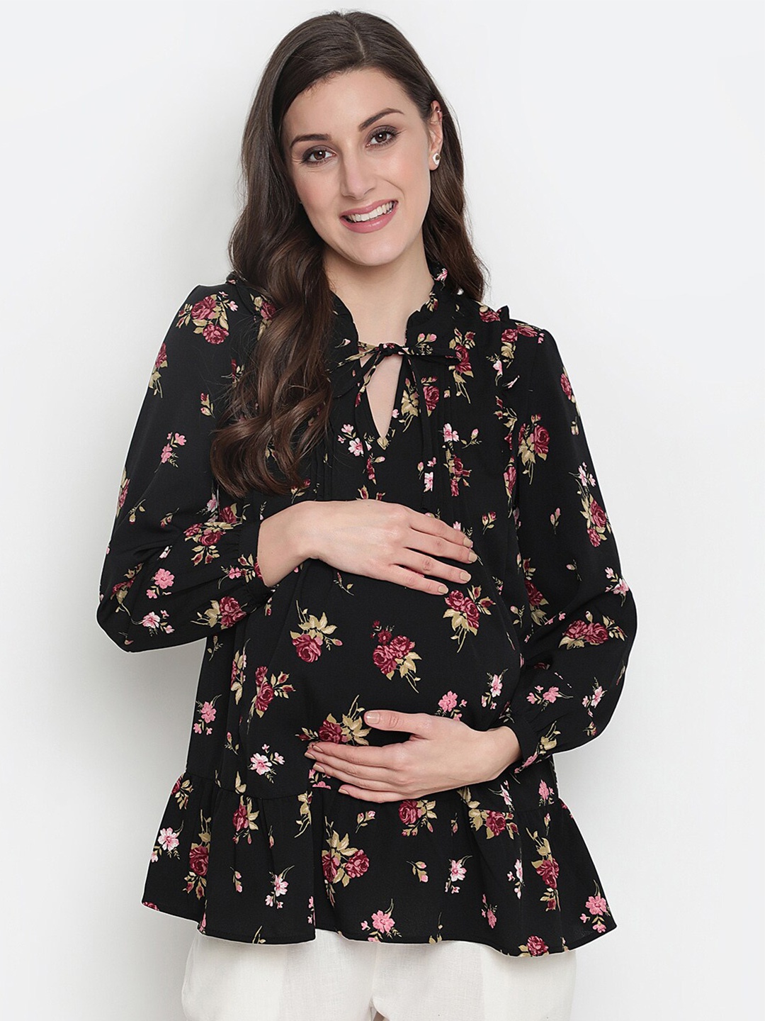 

Oxolloxo Black Floral Print Tie-Up Neck Peplum Top