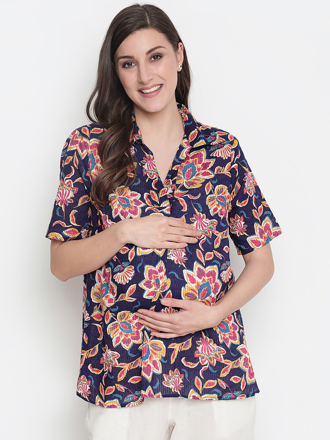 

Oxolloxo Navy Blue Floral Print Cotton Shirt Style Top