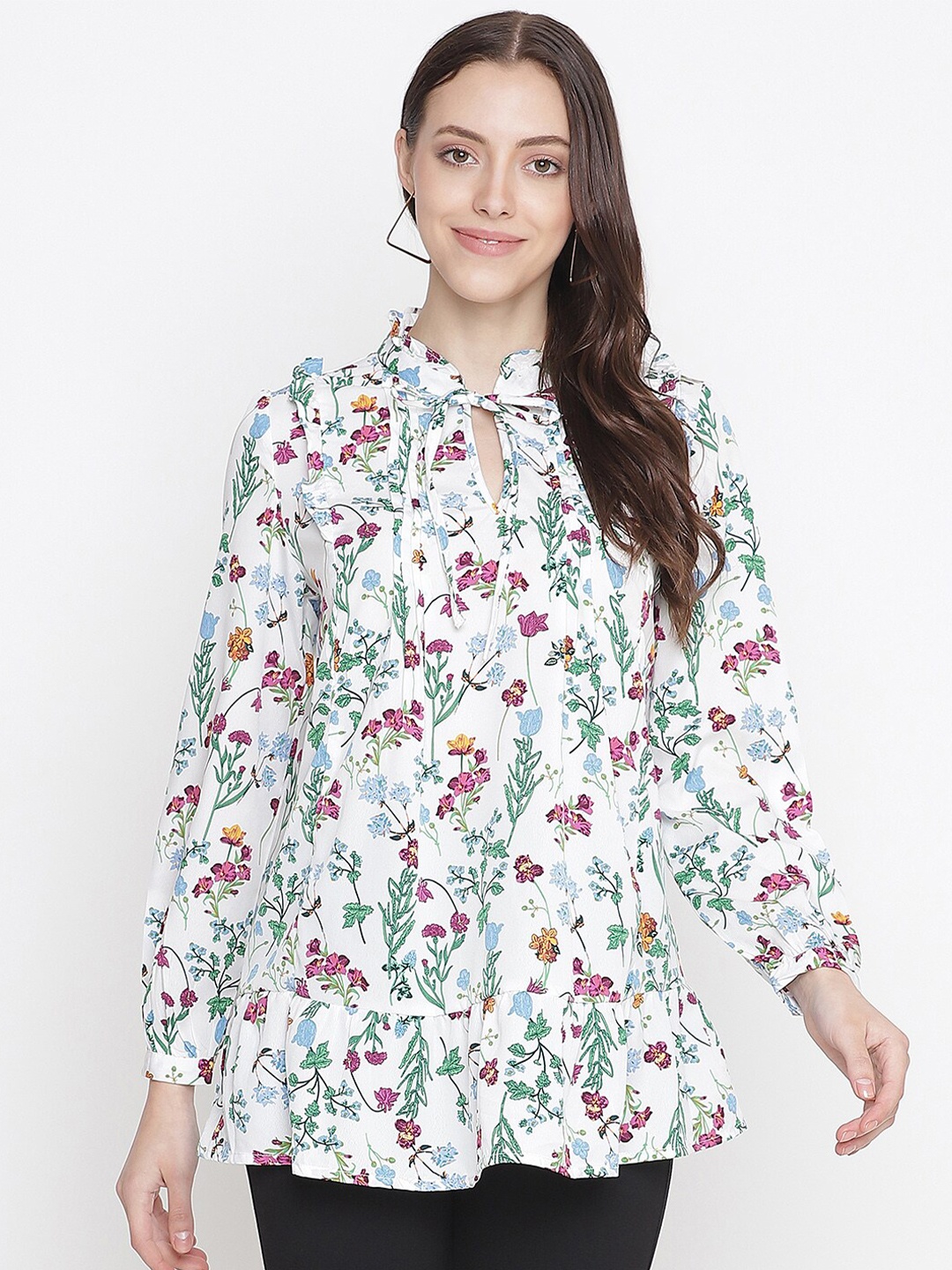 

Oxolloxo White & Multicoloured Floral Print Tie-Up Neck Top