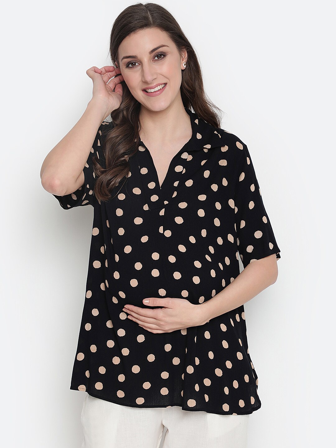 

Oxolloxo Black & Beige Print Shirt Style Maternity Top