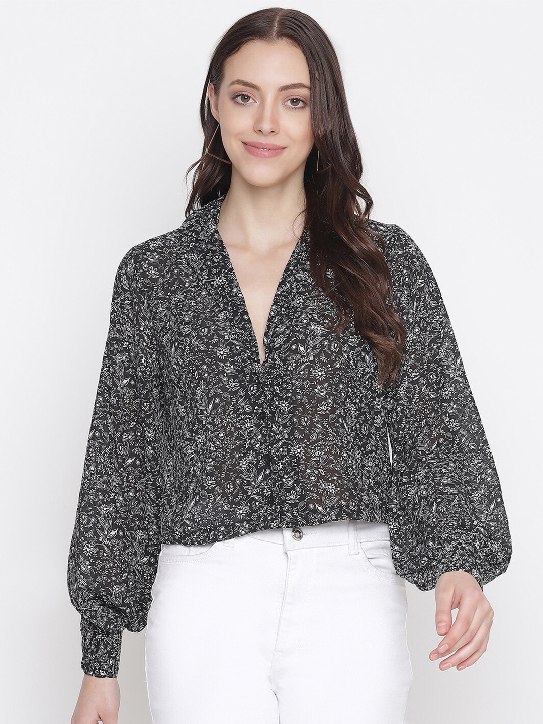 

Oxolloxo Black & White Floral Print Blouson Top