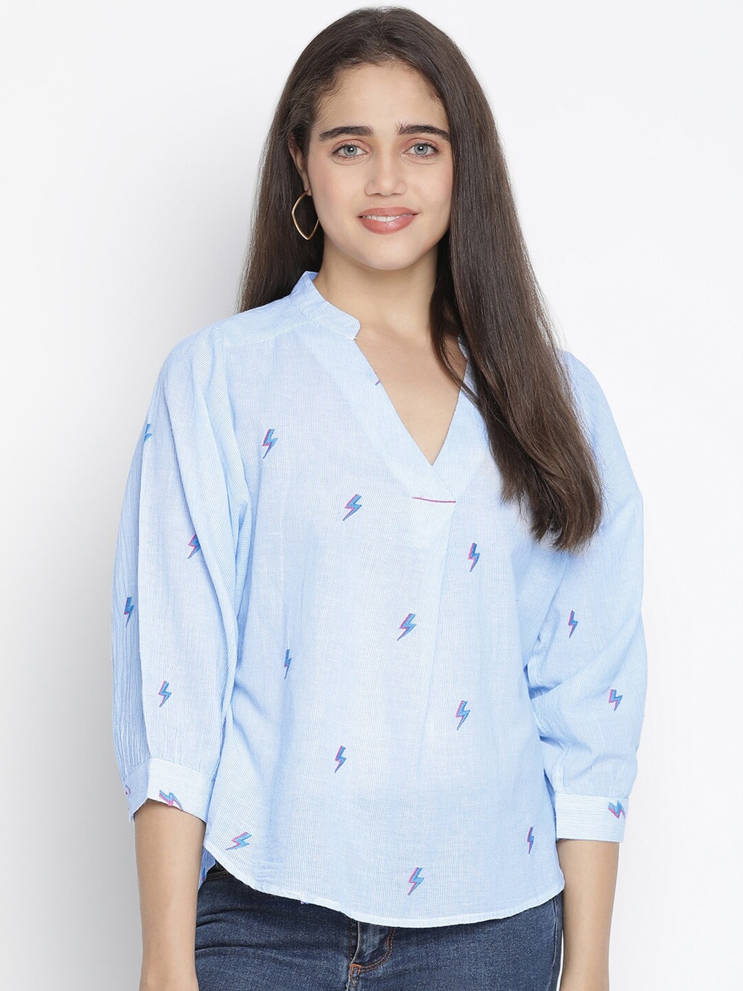 

Oxolloxo Blue Striped Mandarin Collar Cotton High-Low Top