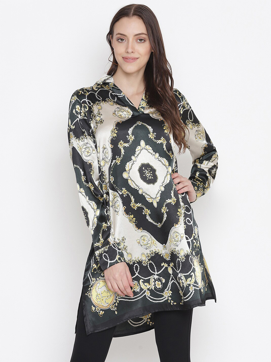 

Oxolloxo Women Black & Yellow Print Shirt Style Longline Satin Top