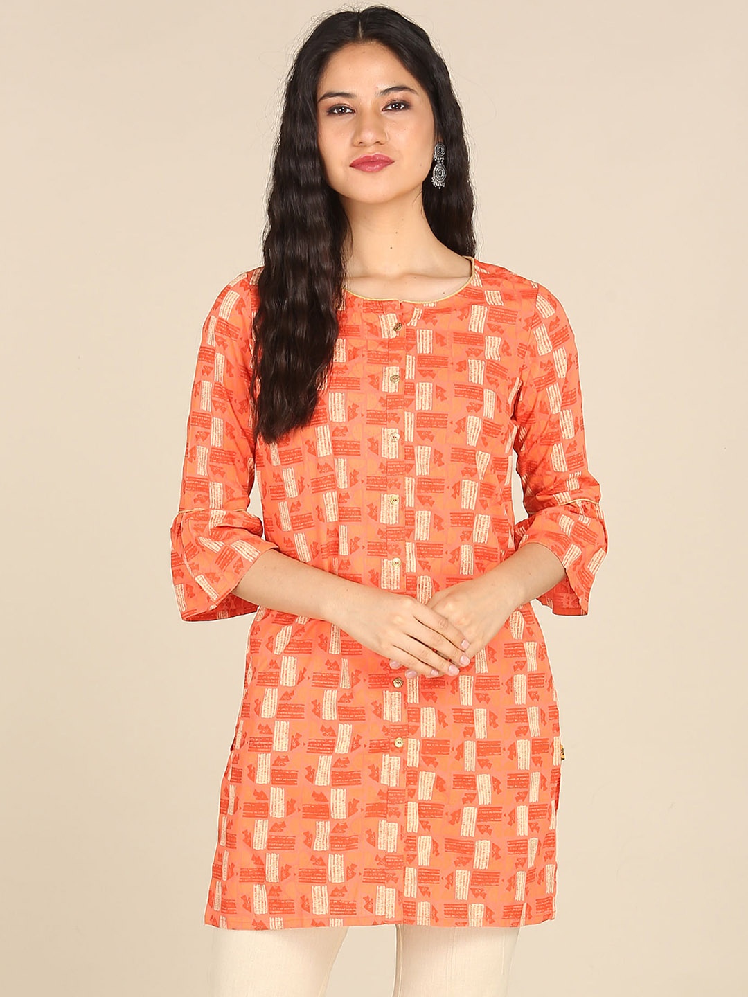 

Karigari Orange Geometric Printed Flared Sleeves Kurti