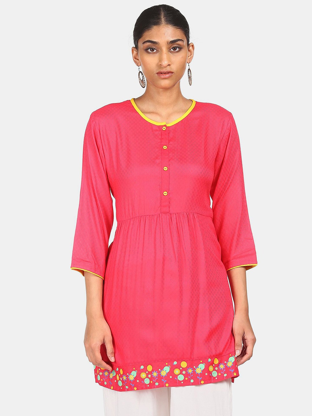 

Karigari Pink & Yellow Woven Design Pleated Kurti
