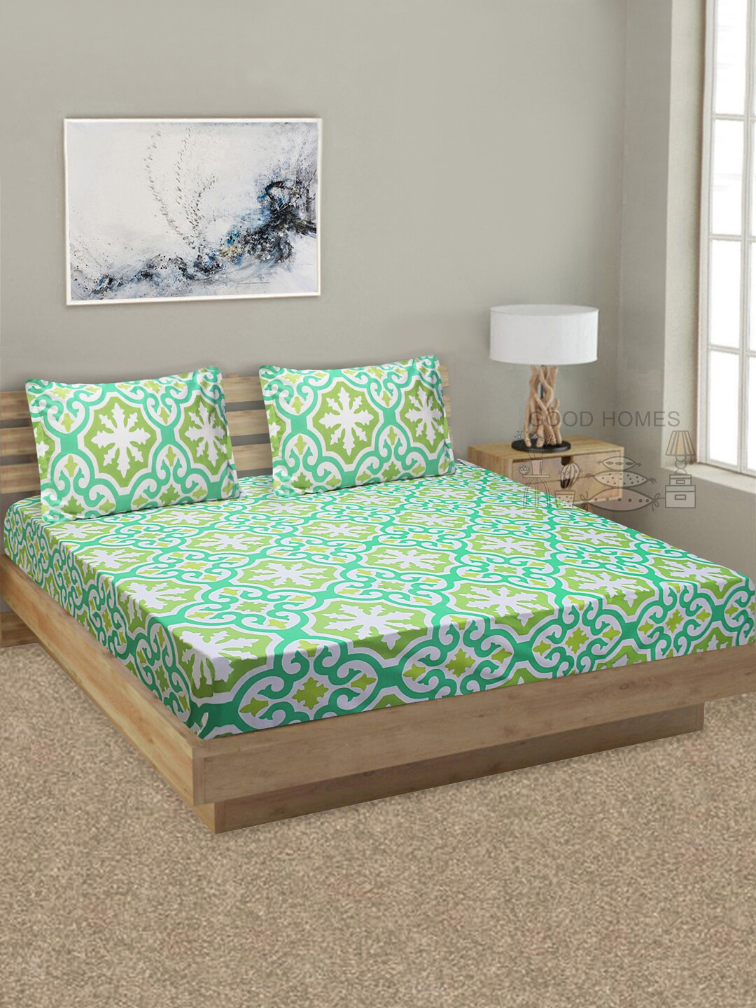

Good Homes by Home Candy Green & White Ethnic Motifs 144 TC King Bedsheet with 2 Pillow Covers