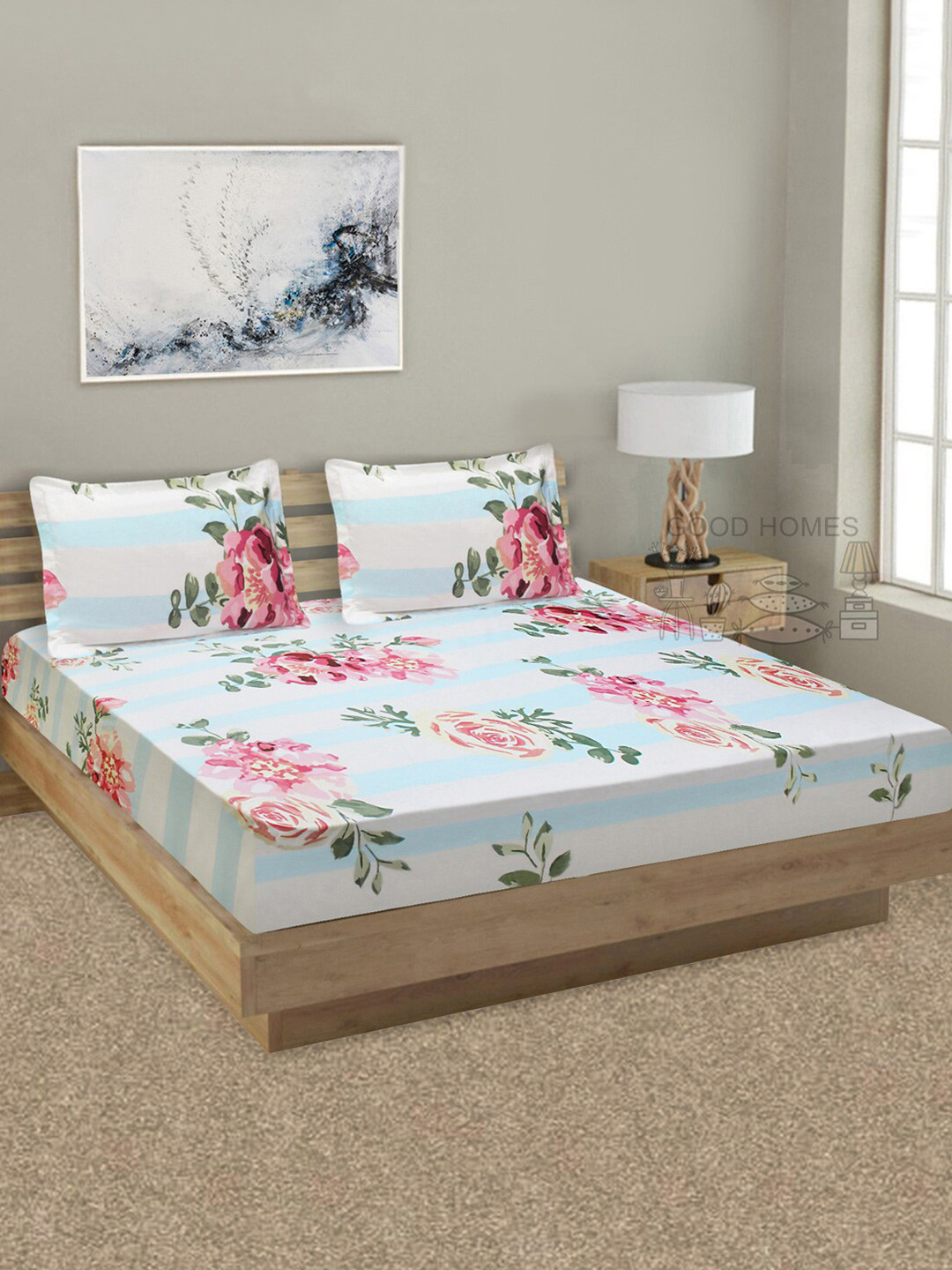 

Good Homes by Home Candy Blue & Pink Floral 144 TC King Bedsheet with 2 Pillow Covers