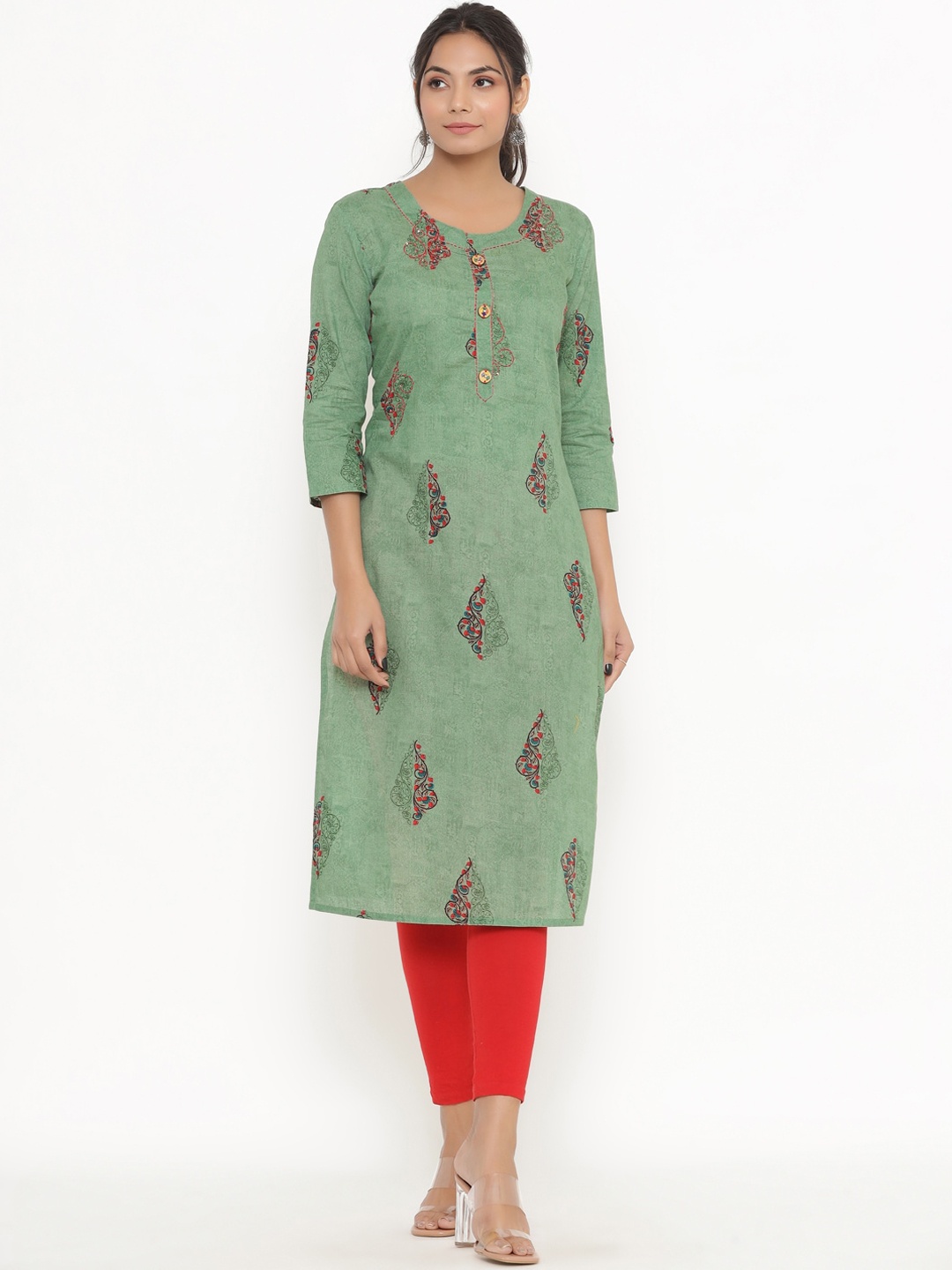 

DIVYANK Women Green Ethnic Motifs Printed Straight Kurta
