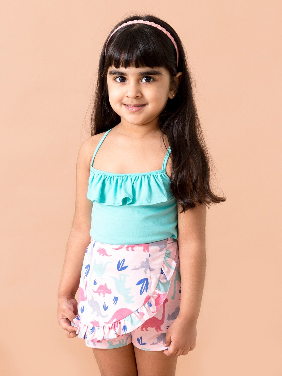 

Pspeaches Girls Blues & Pink Printed Top With Shorts