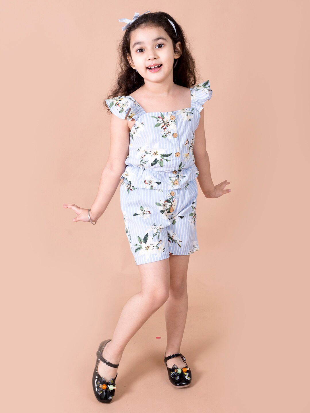 

pspeaches Girls Blue Floral Printed Top with Shorts