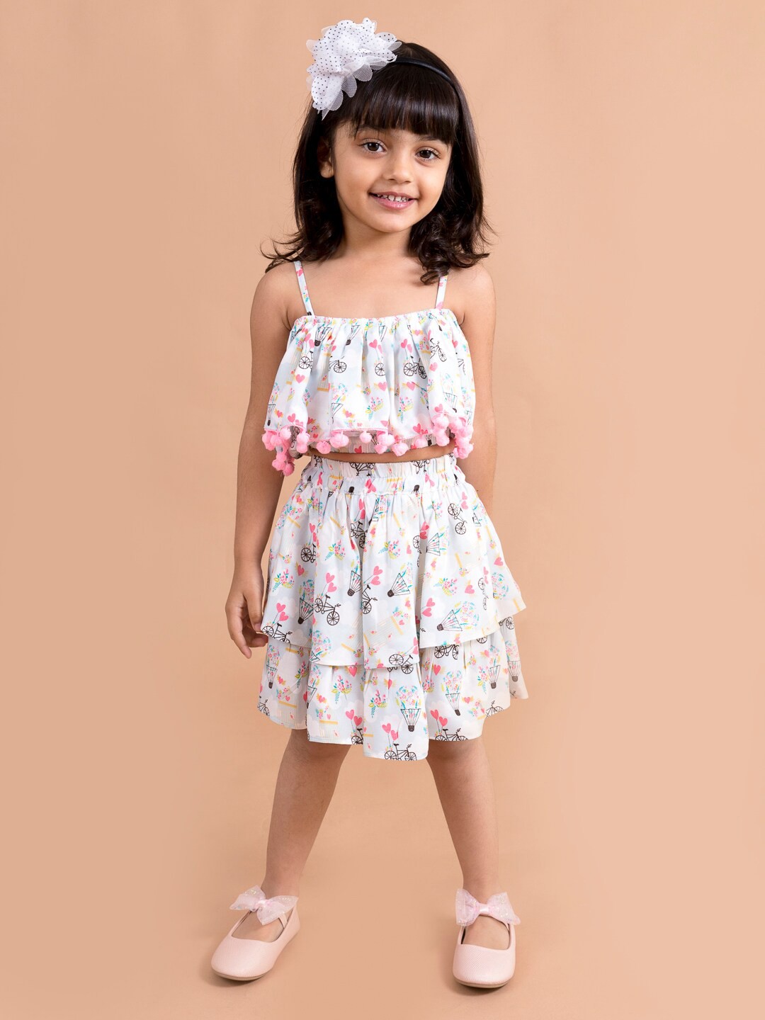 

pspeaches Girls White & Pink Printed Top & Skirt Co-Ord Set