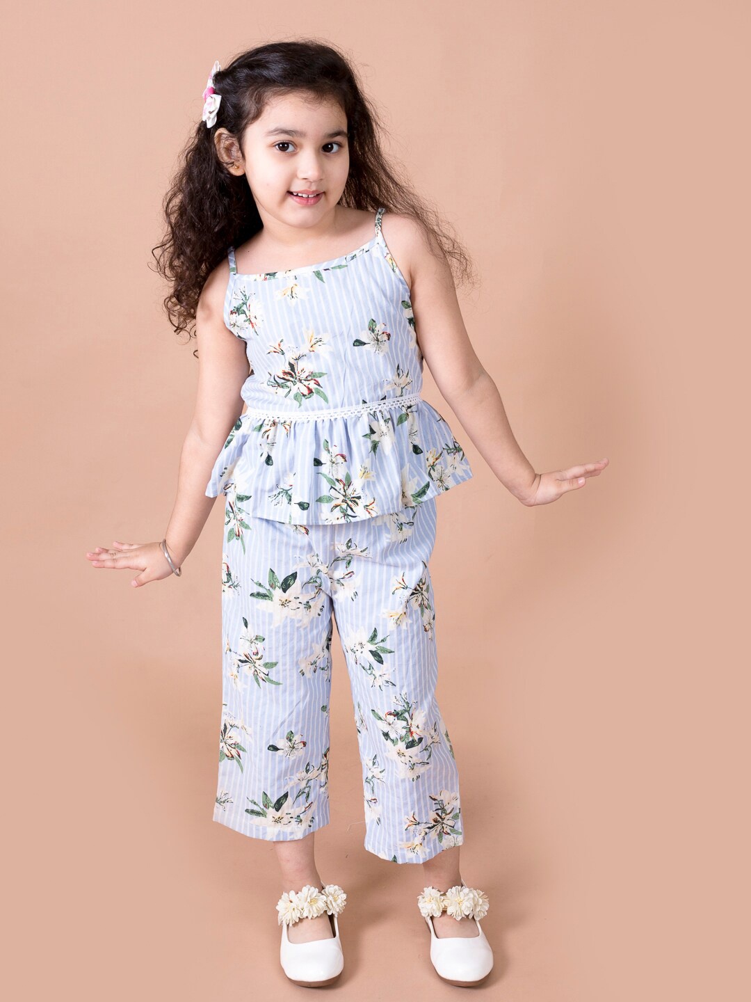

Pspeaches Girls Blue Floral Printed Top With Trousers
