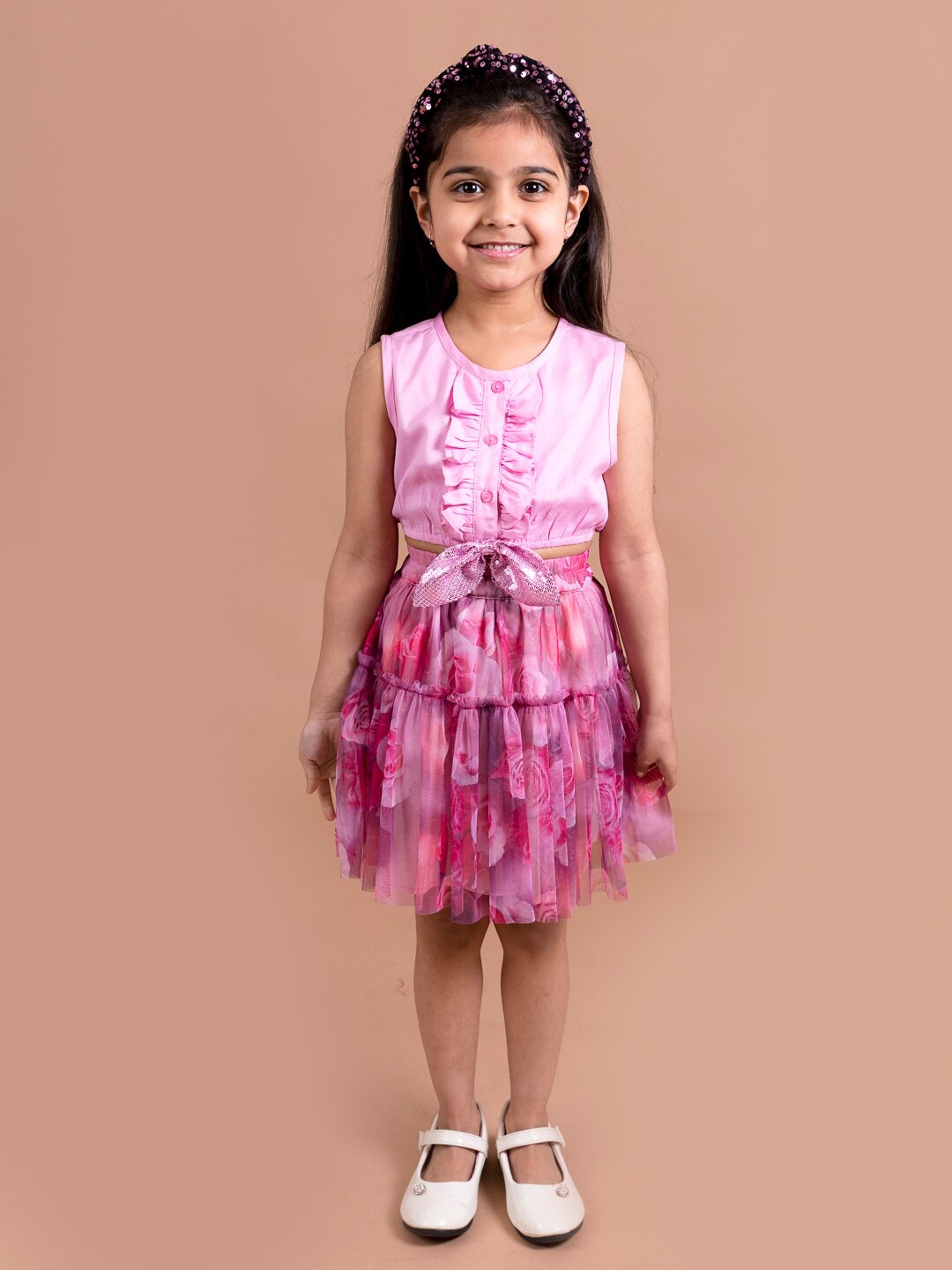 

pspeaches Girls Pink & Red Ruffled Floral Printed Top & Skirt Co-Ords