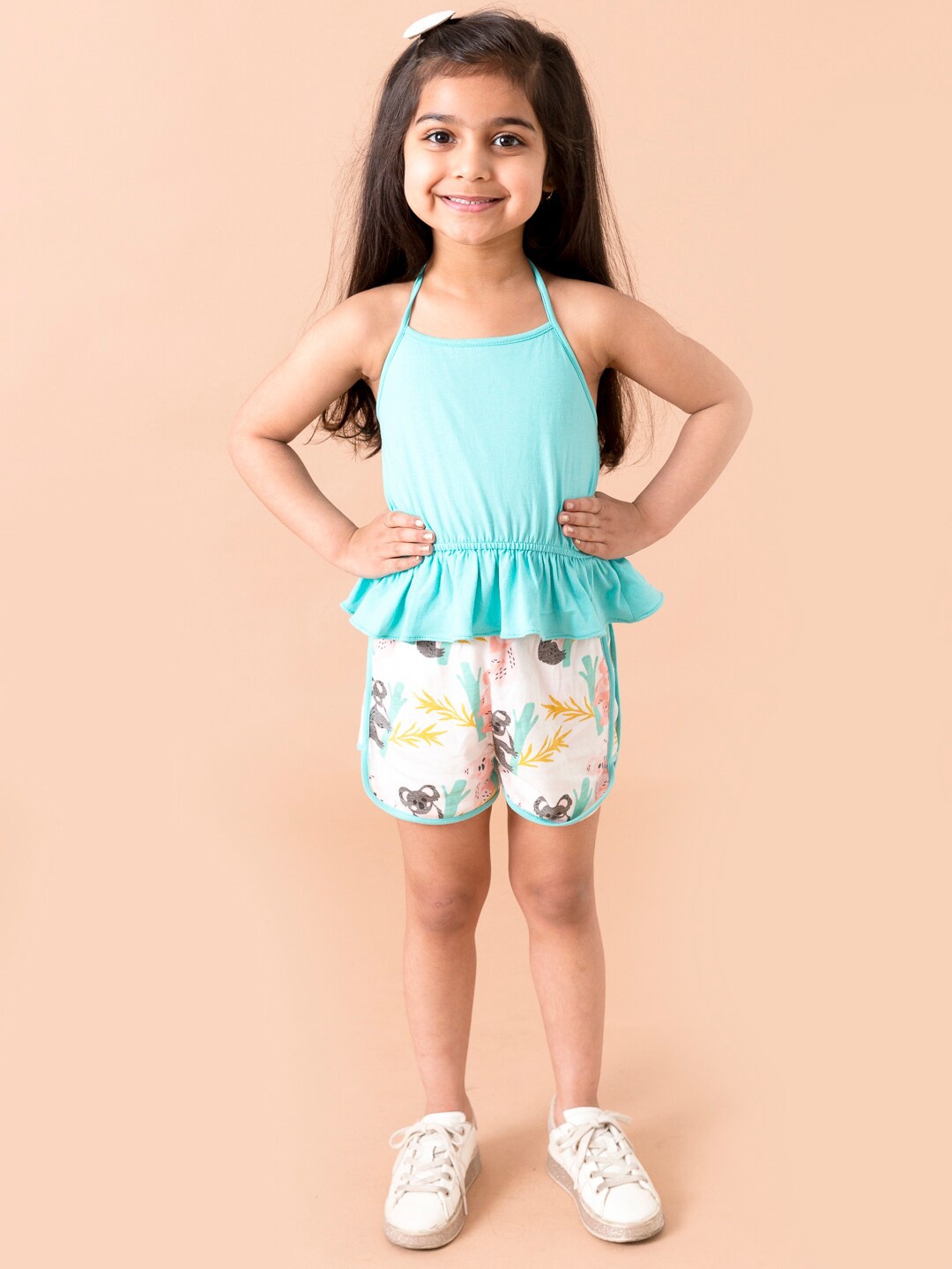 

pspeaches Girls Blue & White Printed Top & Shorts Co-Ord Set