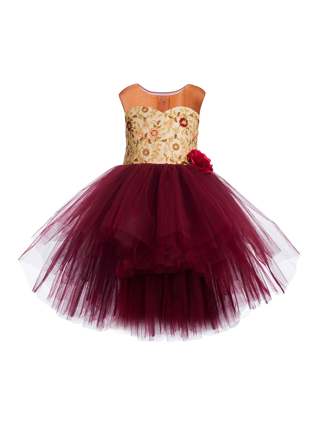 

Toy Balloon kids Maroon & Gold-Toned Floral Embroidered Layered Net Gown Dress