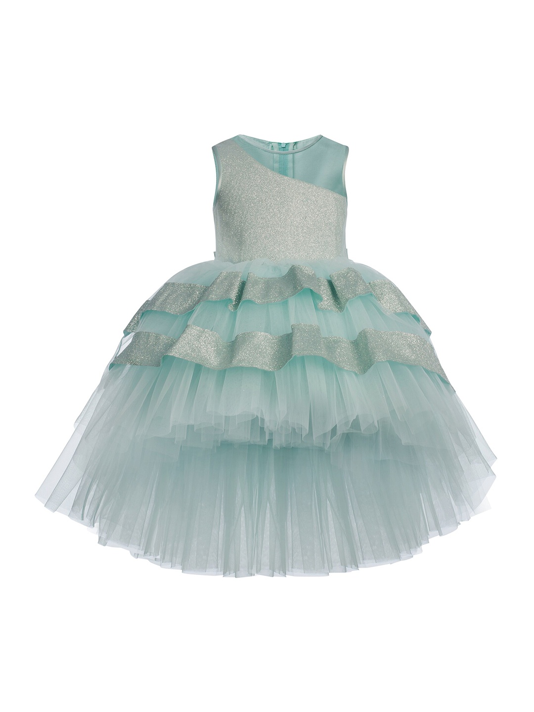 

Toy Balloon kids Sea Green & Silver-Toned Embellished Layered Net Gown Dress