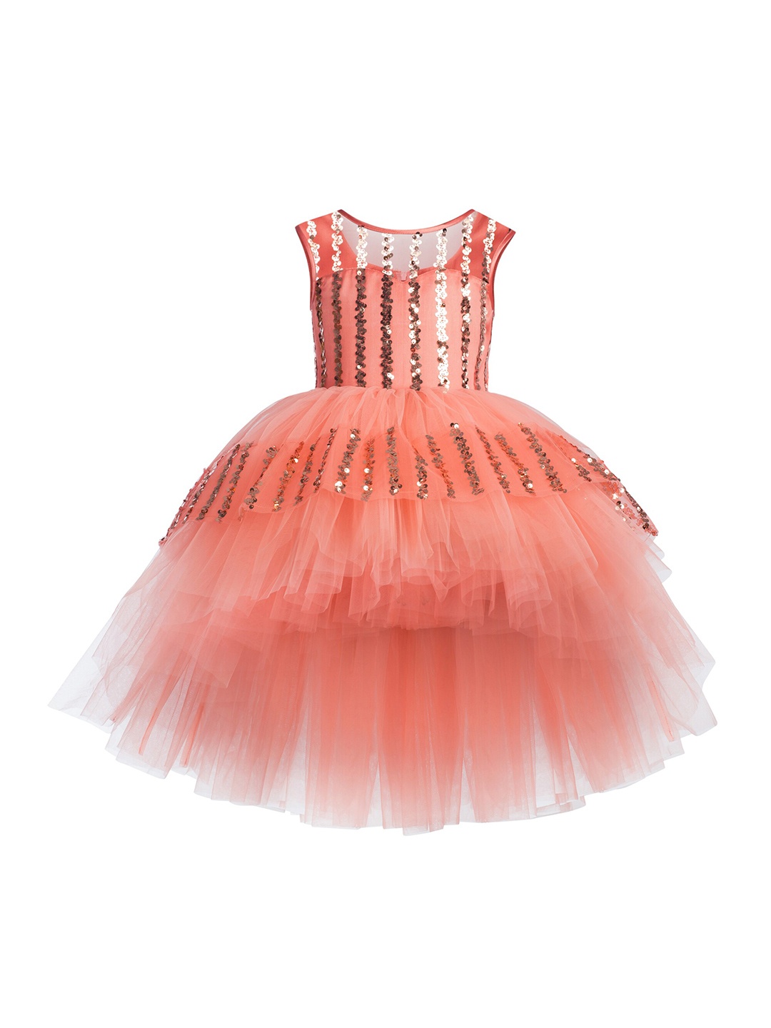 

Toy Balloon kids Peach-Coloured & Gold-Toned Embellished High Low Layered Net Dress