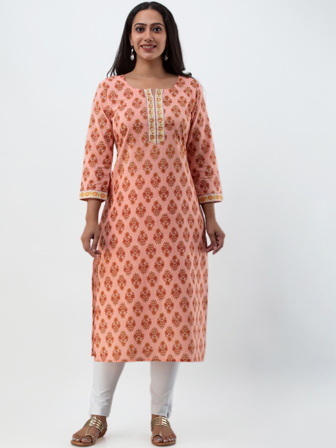

MYAZA Women Peach-Coloured Ethnic Motifs Kurta