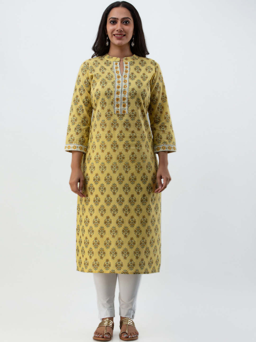 

MYAZA Women Yellow Ethnic Motifs Printed Floral Kurta