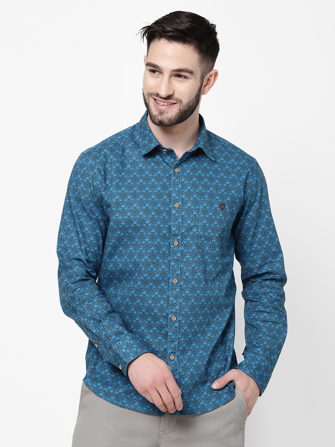 

AD By Arvind Men Blue & Green Printed Pure Cotton Casual Shirt