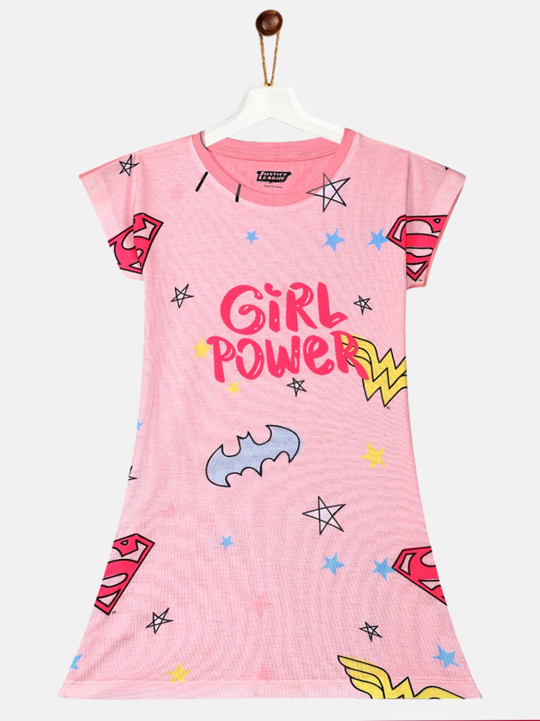 

YK Justice League Girls Pink & Yellow Justice League Printed T-shirt Dress