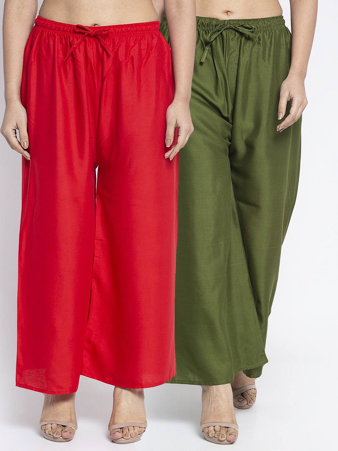 

Jinfo Women Set of 2 Red & Green Flared Knitted Palazzos