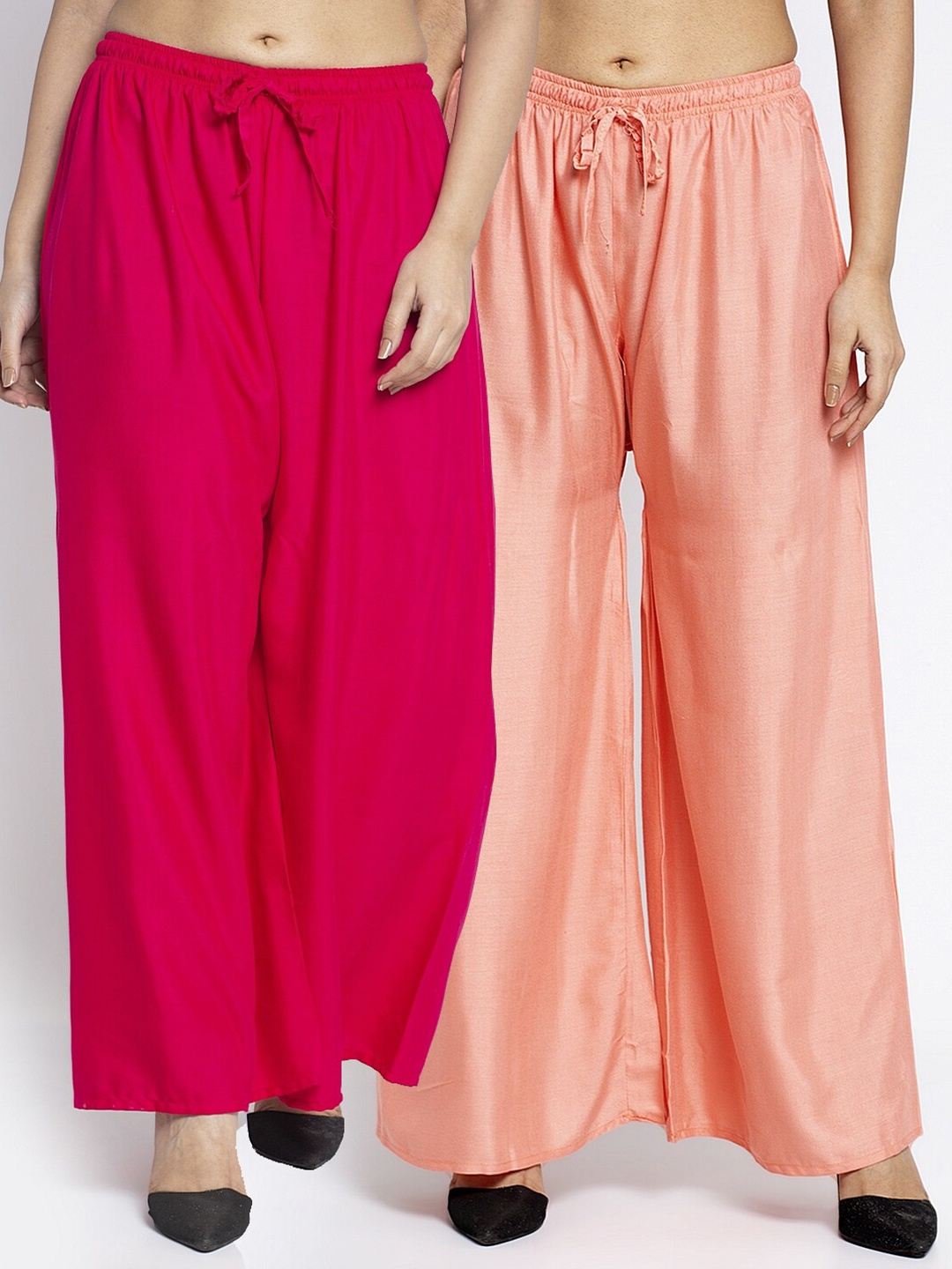 

Jinfo Women Pink & Peach Set Of 2 Solid Flared Fit Palazzo