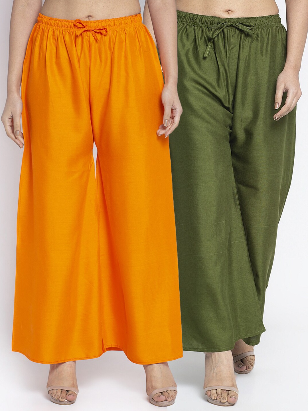 

Jinfo Women Orange & Green Set Of 2 Flared Knitted Ethnic Palazzos