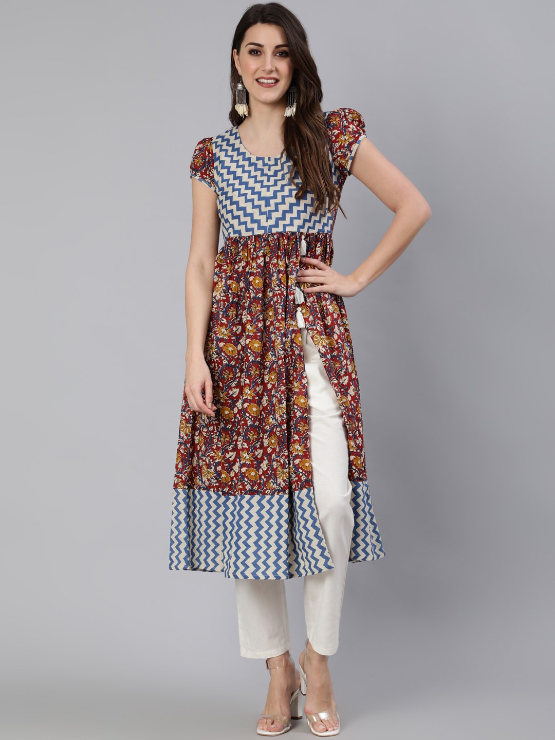 

antaran Women Maroon & Blue Ethnic Motifs Printed Kurta