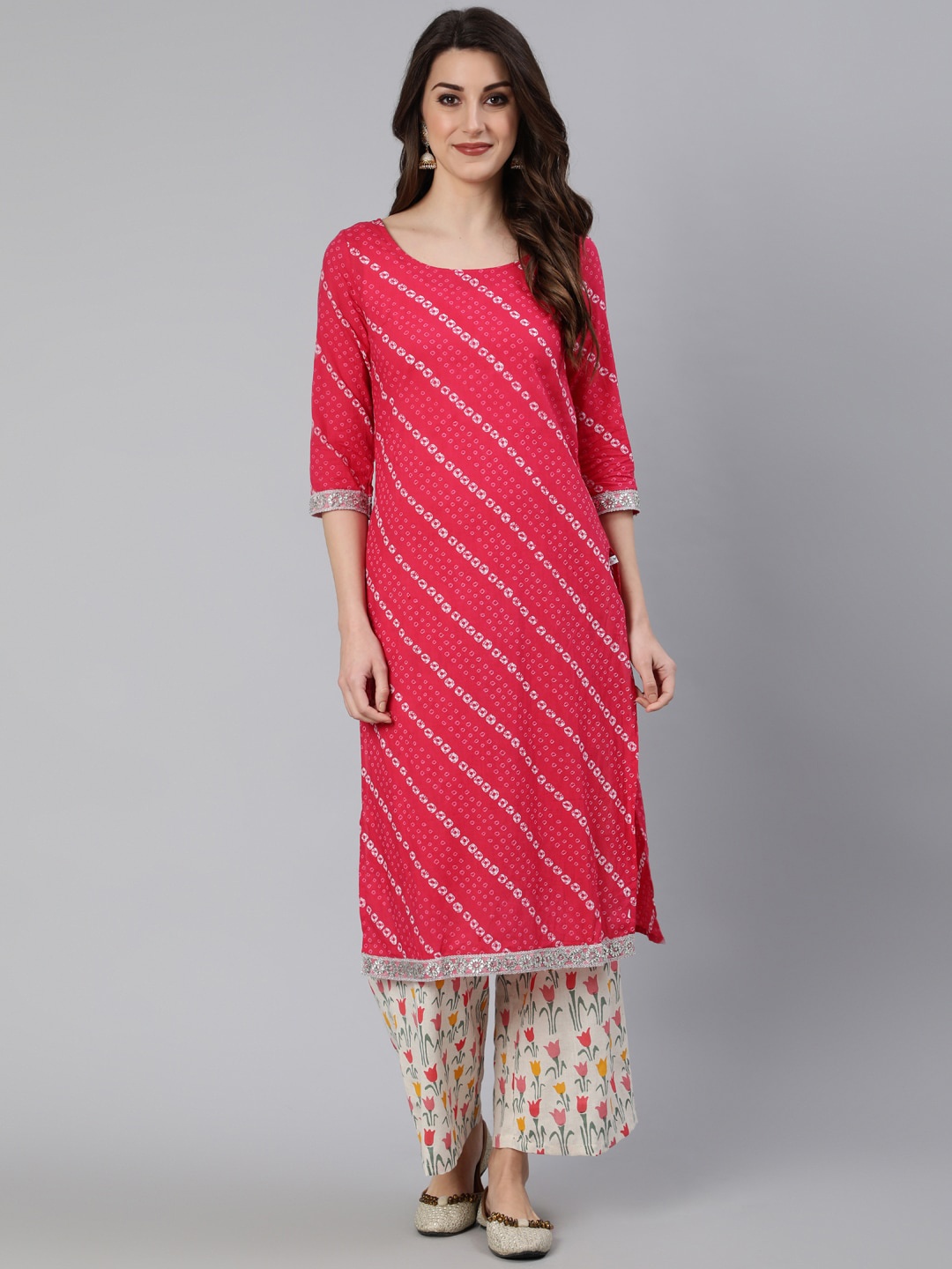 

antaran Women Magenta Striped Panelled Pure Cotton Kurti with Palazzos