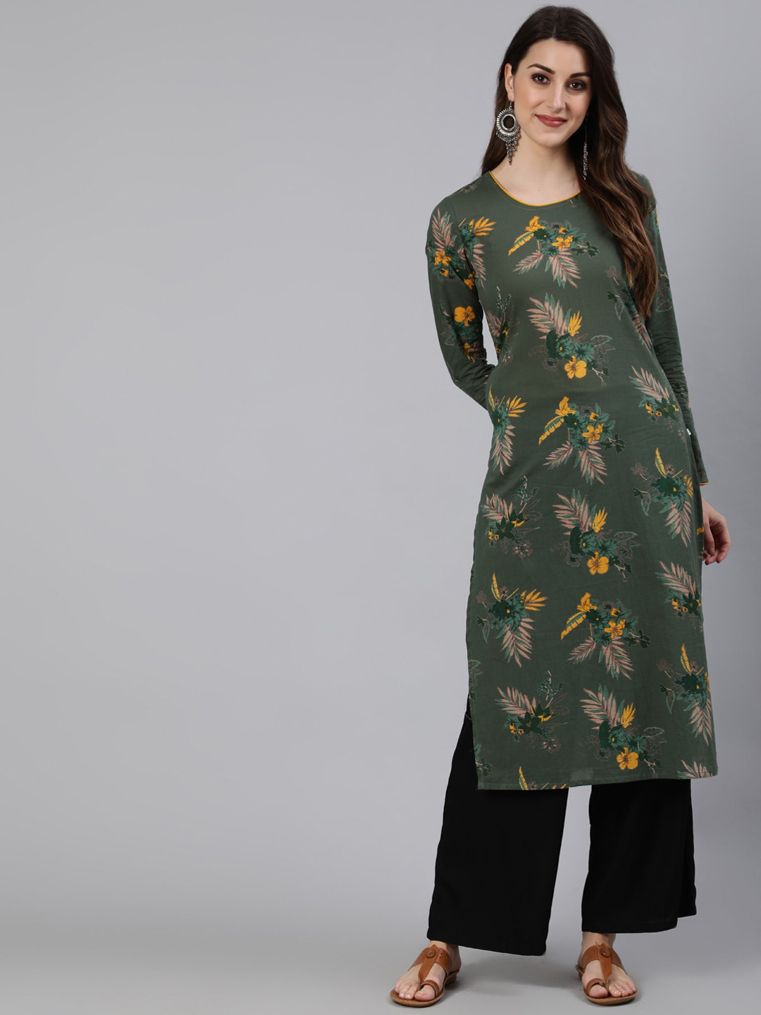 

antaran Women Olive Green Ethnic Motifs Printed Kurta