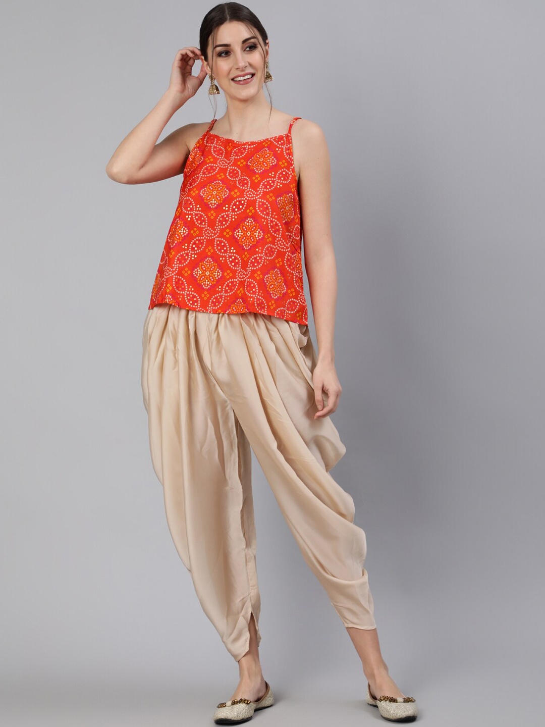 

antaran Women Pink Bandhani Printed Kurti with Dhoti Pants & With Jacket