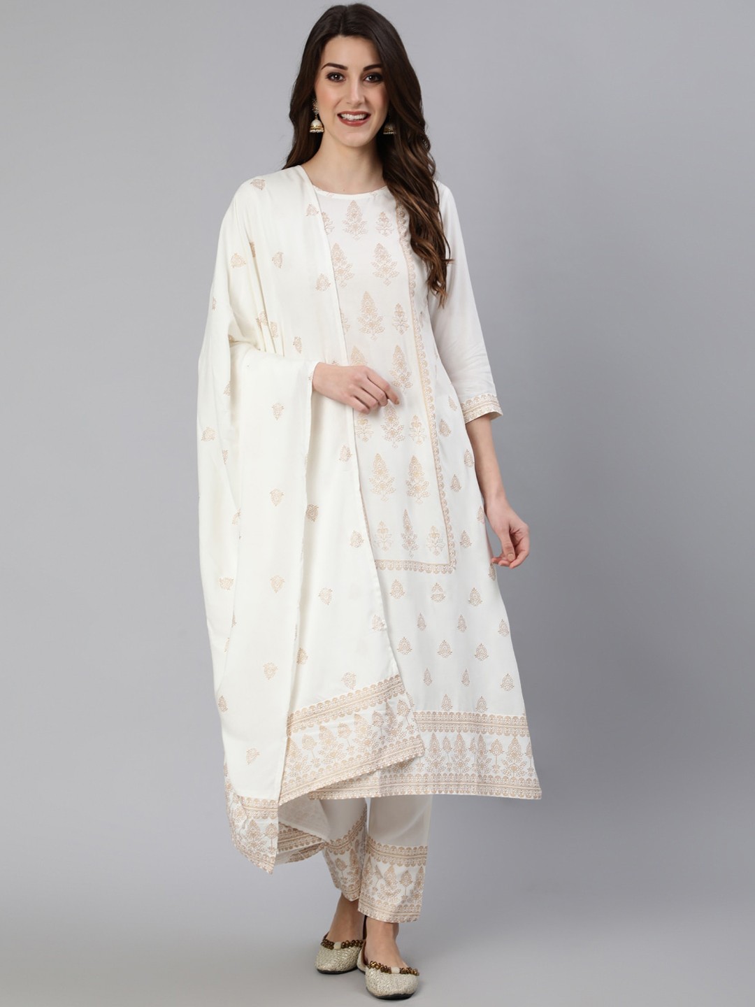 

antaran Women White Ethnic Motifs Embroidered Panelled Kurti with Trousers & With Dupatta