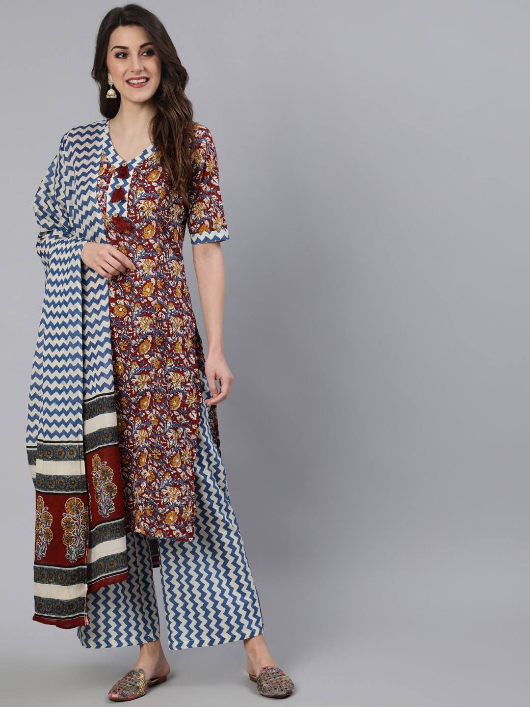 

antaran Women Maroon Printed Pure Cotton Kurta with Palazzos & With Dupatta