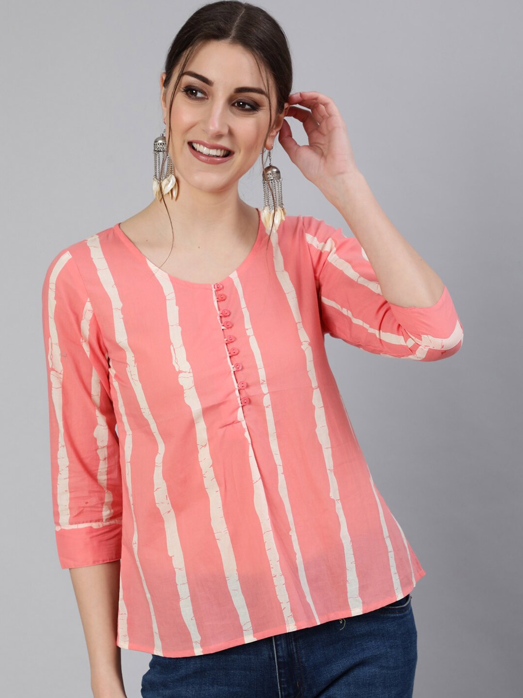 

antaran Pink Striped Cotton Regular Top