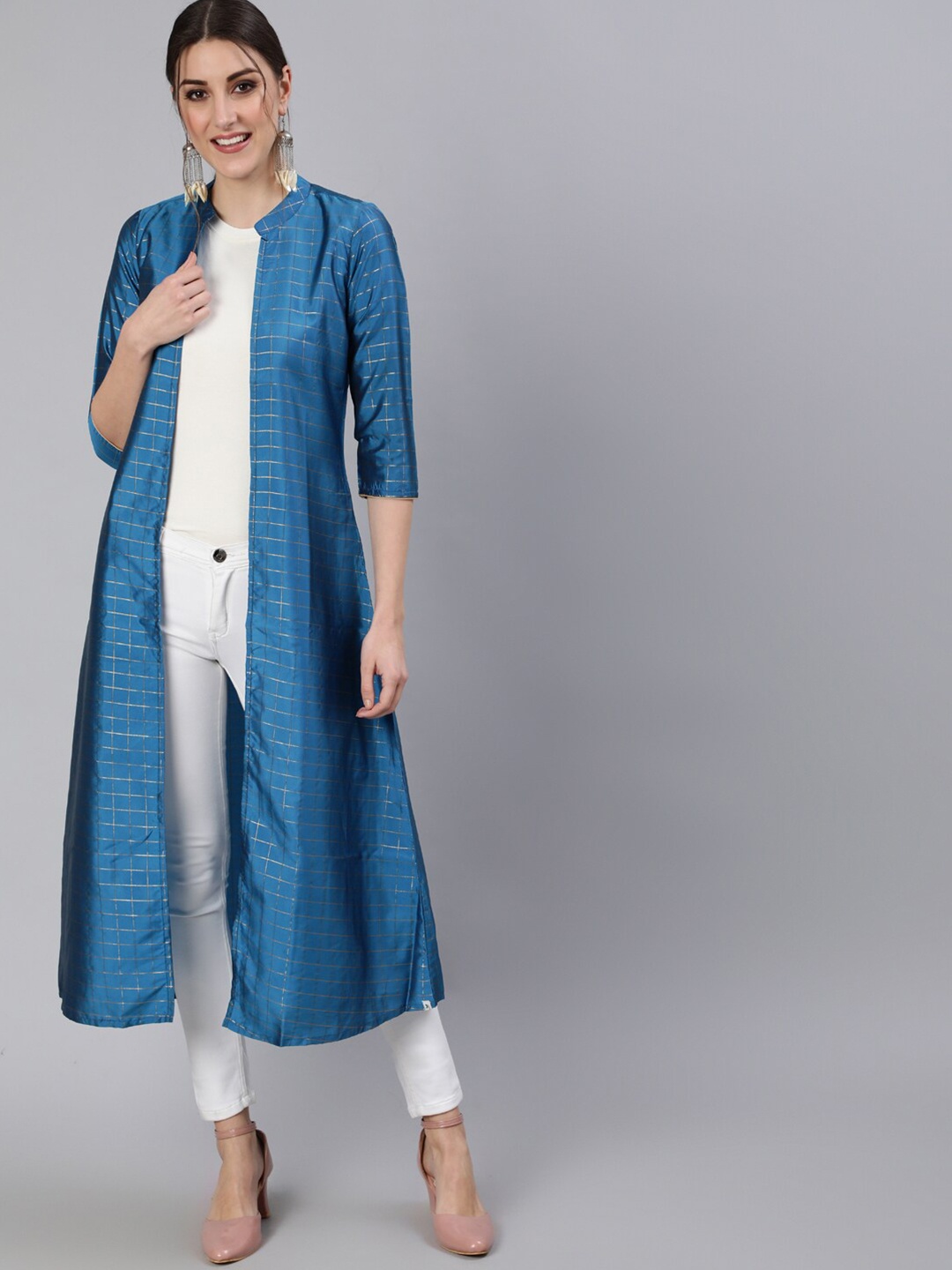 

antaran Women Blue Checked Longline Open Front Jacket