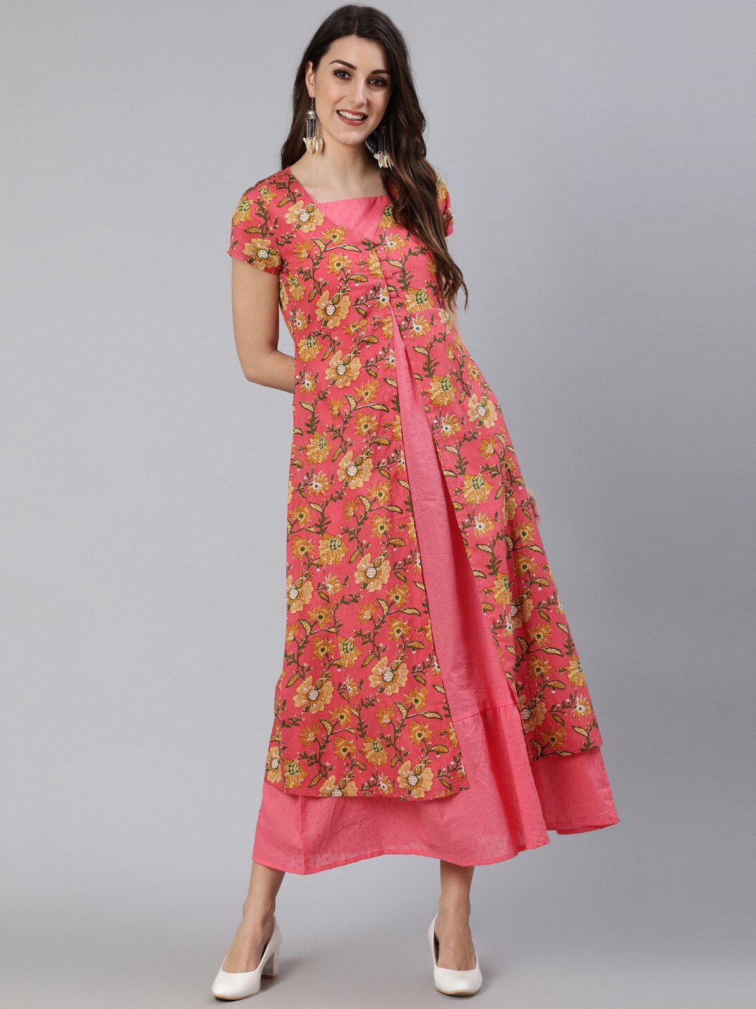 

antaran Pink Floral Layered A-Line Midi Dress