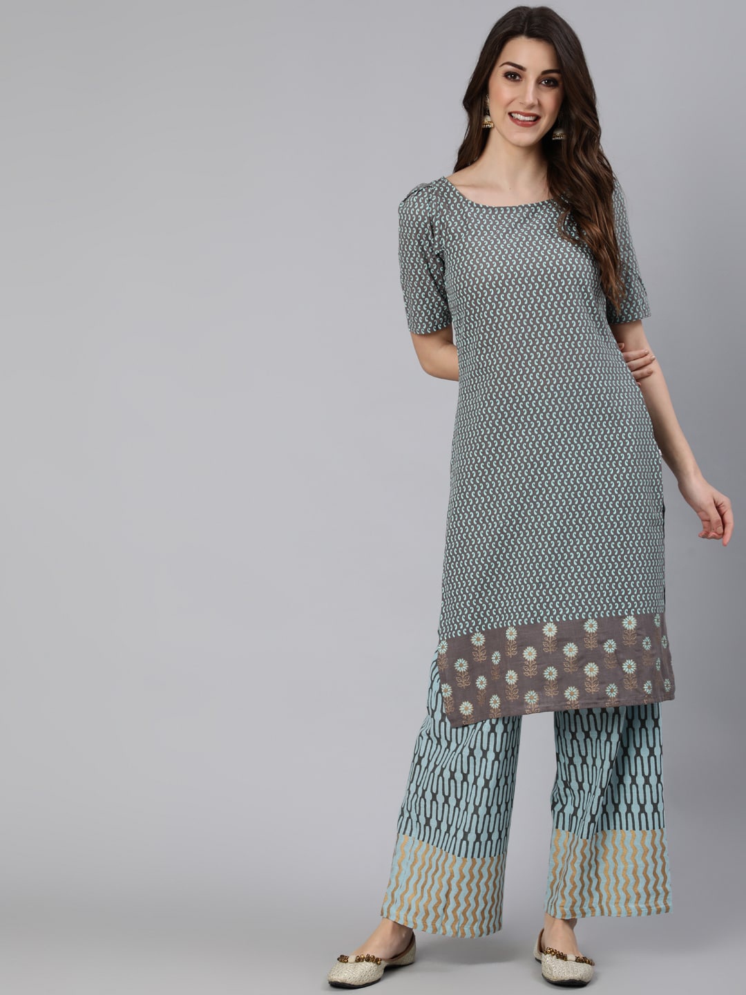 

antaran Women Grey & Blue Ethnic Motifs Printed Pure Cotton Kurta with Palazzo