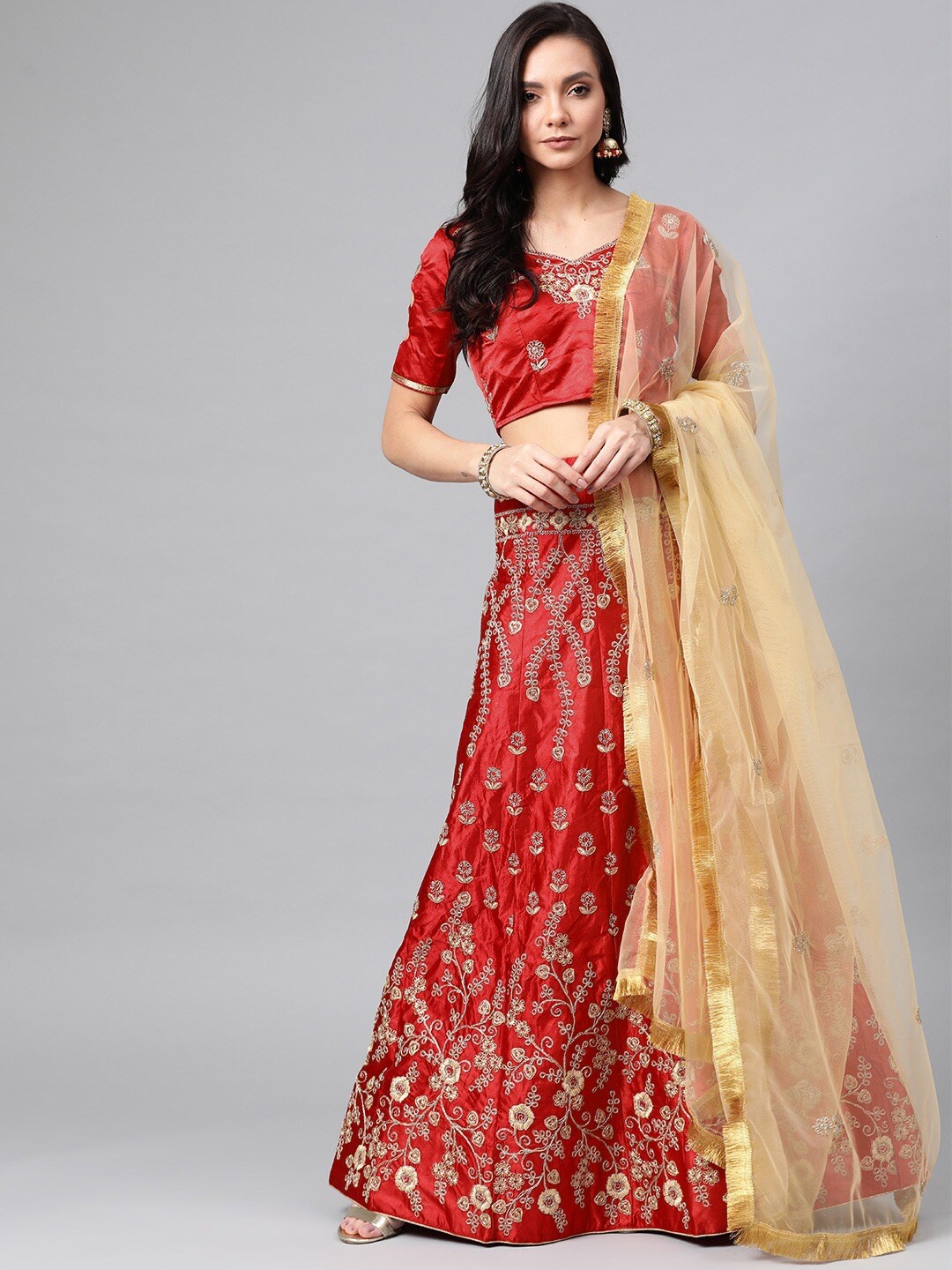 

SHOPGARB Red Embroidered Semi-Stitched Lehenga & Unstitched Blouse With Dupatta