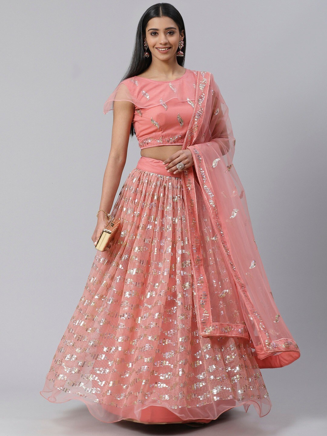 

SHOPGARB Pink & Gold-Toned Embellished Semi-Stitched Lehenga Choli With Dupatta
