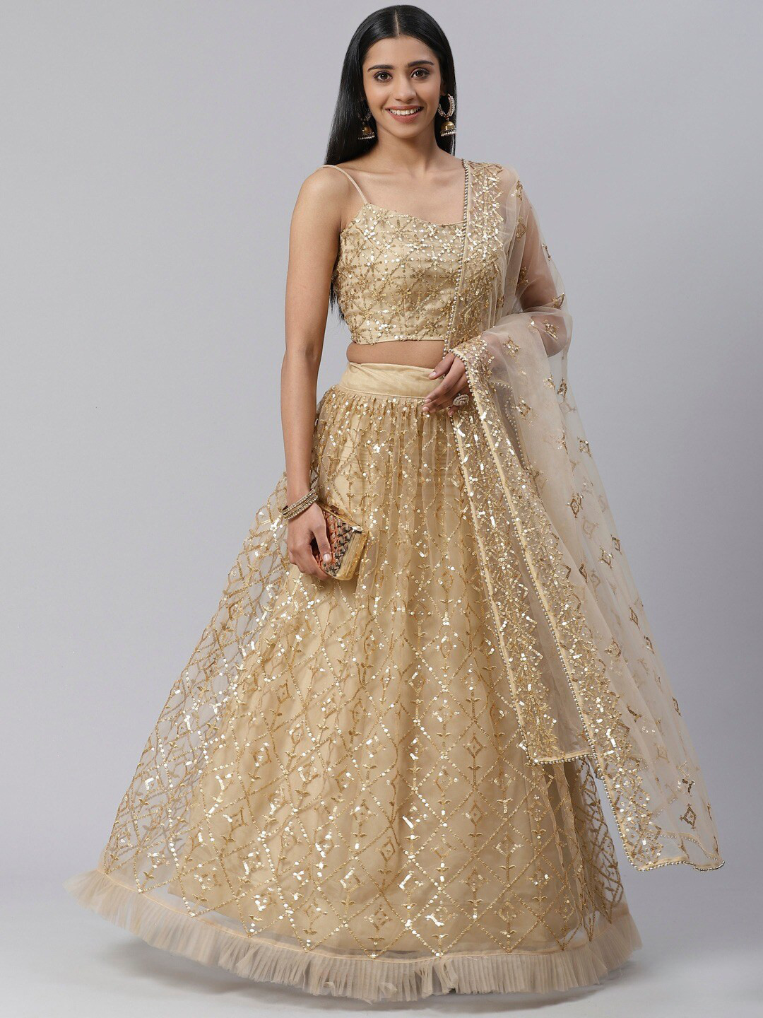 

SHOPGARB Beige & Gold-Toned Semi-Stitched Lehenga & Unstitched Blouse With Dupatta