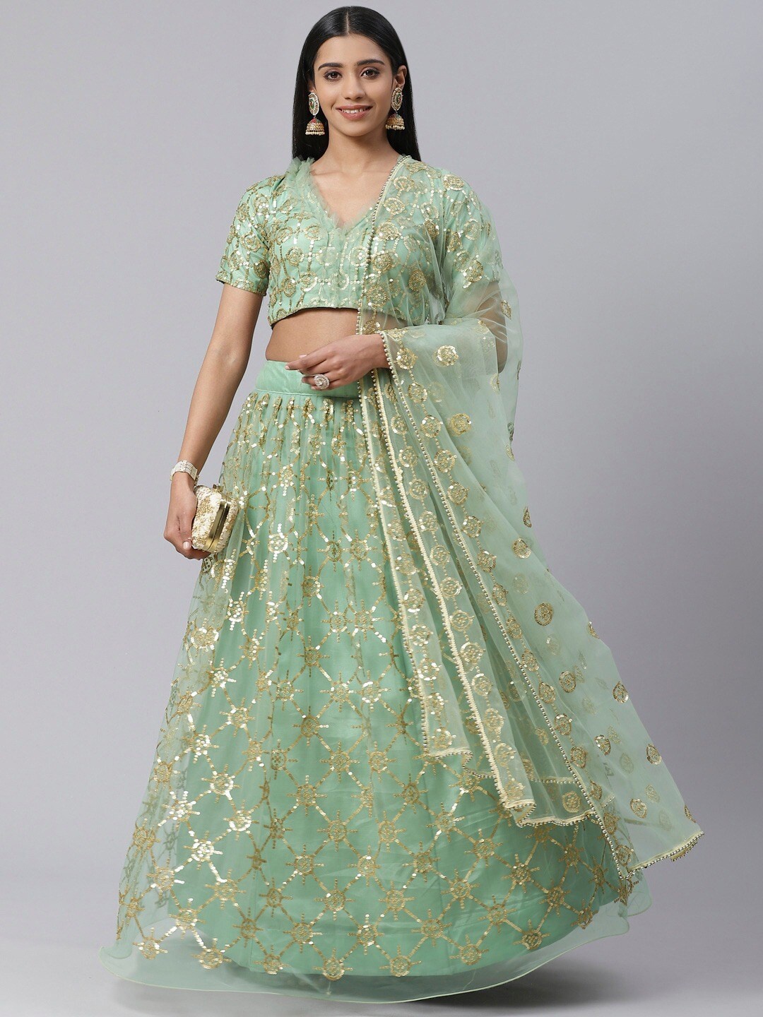 

SHOPGARB Sea Green & Gold-Toned Embellished Sequinned Semi-Stitched Lehenga & Unstitched Blouse With Dupatta