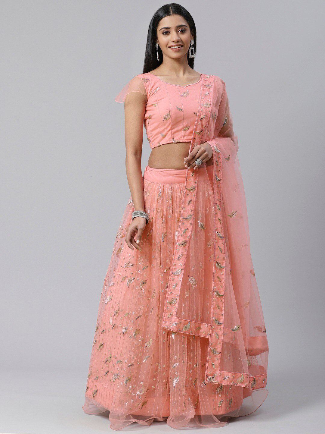 

SHOPGARB Peach-Coloured & Gold-Toned Semi-Stitched Lehenga & Unstitched Blouse With